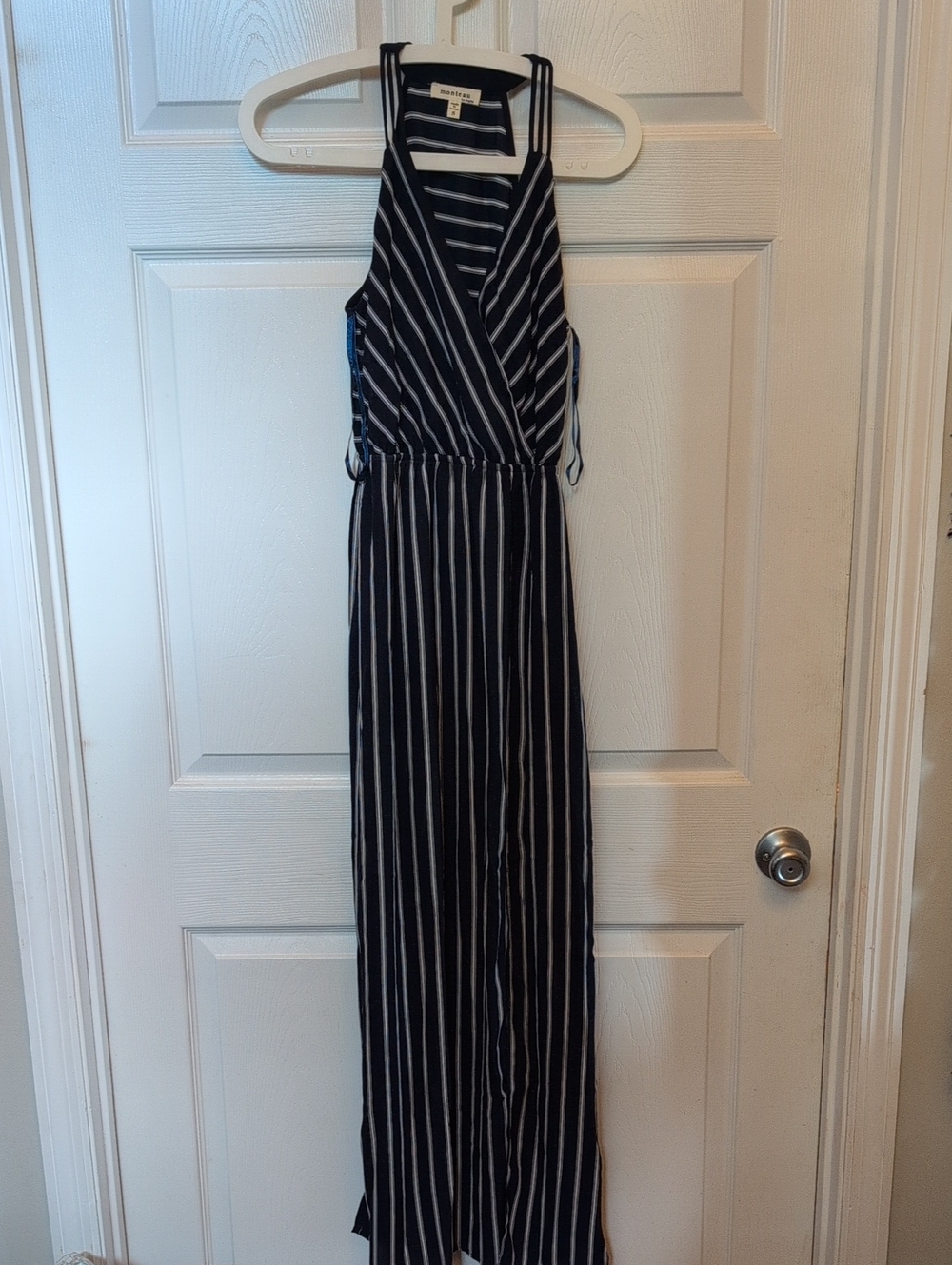 Monteau Navy and White Striped Wrap Maxi Dress